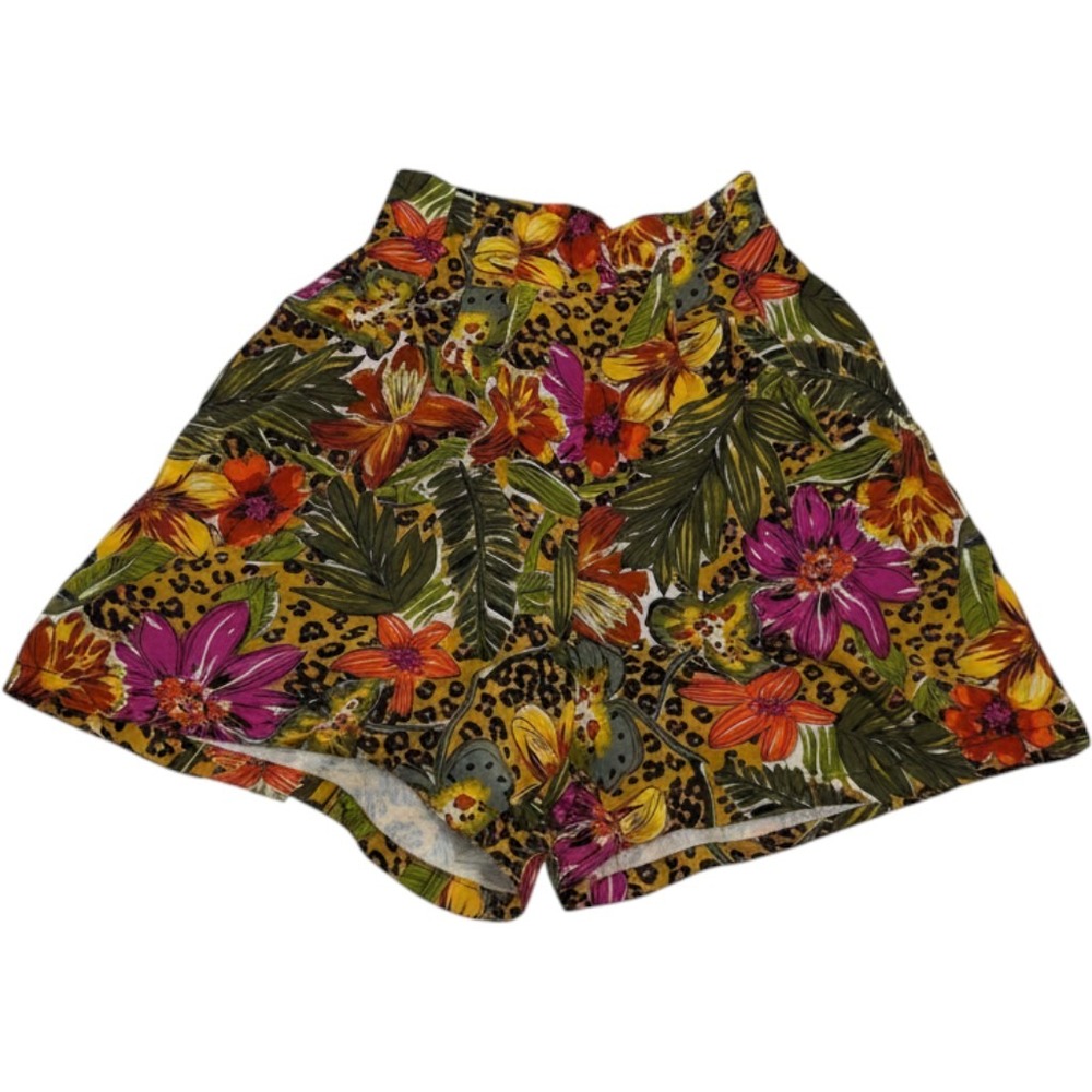 Tess Womens 100% Silk Tropical Floral Leopard Print High Waist Shorts Medium